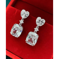 1Pair Heart Pattern Square Pendant Rhinestone Earrings - white