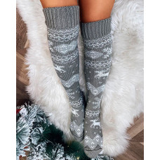 1Pair Mixed Print Over The Knee Socks - gray