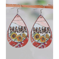 1Pair Mother's Day Mama Sunflower Leopard Print Waterdrop Earrings - Multicolor