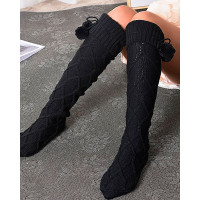 1Pair Pom Pom Braided Knee Length Socks - black