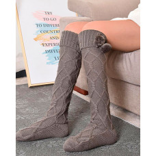 1Pair Pom Pom Braided Knee Length Socks - Dark grey