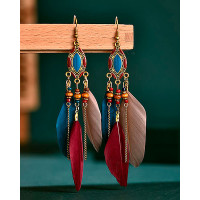 1Pair Retro Feather Beaded Bohemian Drop Earring - style1