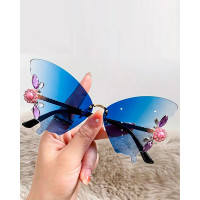 1Pair Rhinestone Butterfly Shaped Rimless Sunglasses - blue