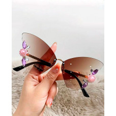 1Pair Rhinestone Butterfly Shaped Rimless Sunglasses - brown