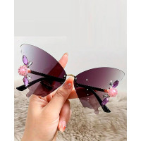 1Pair Rhinestone Butterfly Shaped Rimless Sunglasses - gray