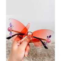 1Pair Rhinestone Butterfly Shaped Rimless Sunglasses - pink