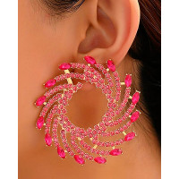 1Pair Rhinestone Floral-Shape Personality Hoop Earrings Fashion Evening Jewelry - hot pink