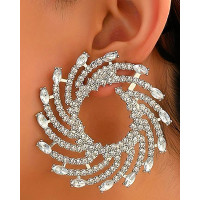 1Pair Rhinestone Floral-Shape Personality Hoop Earrings Fashion Evening Jewelry - silver