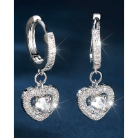 1Pair Rhinestone Hollow Heart Pendant Hoop Earrings Wedding Jewelry - silver