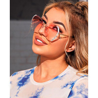 1Pair Rhinestone Ombre Lens Rimless Sunglasses - pink