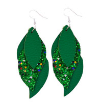 1Pair Sequined Leaf-Shaped Layered Earrings - green