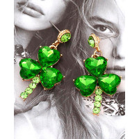 1Pair St. Patrick's Day Crystal Heart-shaped Clover Drop Earrings - green