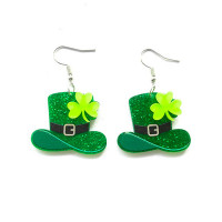 1Pair St. Patrick's Day Glitter Clover Magic Hat Shaped Drop Earrings - green