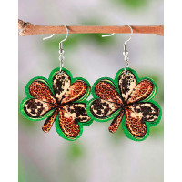 1Pair St. Patrick's Day Green Clover Leopard Earrings - green