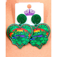 1Pair St. Patrick's Day Lucky Clover Heart-shaped Drop Earrings - green