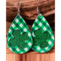 1Pair St. Patrick's Day Lucky Shamrock Clover Glitter Plaid Earrings - green