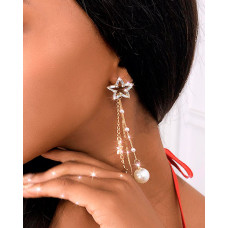 1Pair Star Pattern Rhinestone Beaded Tassel Drop Earrings - style1