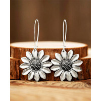 1Pair Sunflower Wooden Drop Earrings - silver