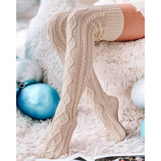 1Pair Thigh High Cable Knit Leg Warmers Long Boot Socks - beige