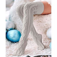 1Pair Thigh High Cable Knit Leg Warmers Long Boot Socks - gray