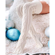 1Pair Thigh High Cable Knit Leg Warmers Long Boot Socks - white