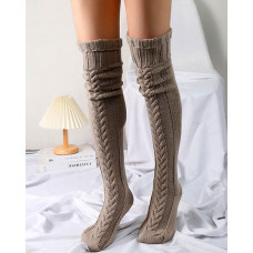 1Pair Thigh High Cable Knit Leg Warmers Winter Warm Long Boot Socks - khaki