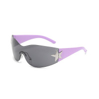 1Pair Trendy Shield Wrap Around Sunglasses Fashion Rimless Eyewear - purple