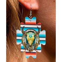 1Pair Vintage Cowboy Geometric Ox Head Print Cowboy Style Drop Earrings - blue