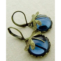 1Pair Vintage Metal Dragonfly Earrings Inky Blue Moonstone Brass Glass Cabochon Victorian Gifts - turquoise blue