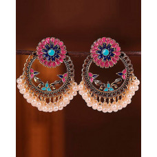 1Pair Vintage Nationality Floral Beaded Tassel Earrings - pink