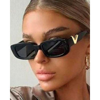 1Pair Vintage V Detail Rectangle Frame Show Fashion Sunglasses - black