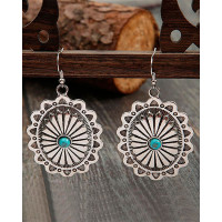 1Pair Western Bohemian Floral Oval Hook Earrings - silver