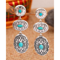 1Pair Western Vintage Oval Floral Geometric Drop Earrings - silver