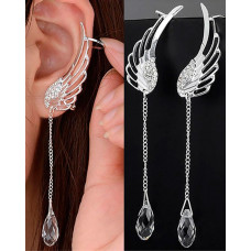 1Pair Wings Shaped Rhinestone Decor Waterdrop Earrings - silver