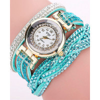 1pc Allover Rhinestone Braided Bangle Quartz Watch - light green