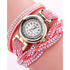 1pc Allover Rhinestone Braided Bangle Quartz Watch - pink