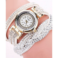 1pc Allover Rhinestone Braided Bangle Quartz Watch - white