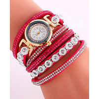 1pc Allover Rhinestone Stackable Bangle Quartz Watch - hot pink