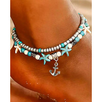 1pc Beaded Turquoise Starfish Anchor Multi-layer Anklet - silver