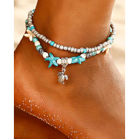 1pc Beaded Turquoise Starfish Turtle Multi-layer Anklet - silver