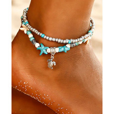 1pc Beaded Turquoise Starfish Turtle Multi-layer Anklet - silver