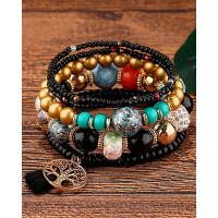 1pc Bohemian Beaded Hollow Out Geometric Tassel Multi-layer Bracelet - black