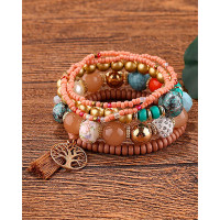 1pc Bohemian Beaded Hollow Out Geometric Tassel Multi-layer Bracelet - coffee