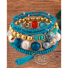 1pc Bohemian Beaded Hollow Out Geometric Tassel Multi-layer Bracelet - dark blue