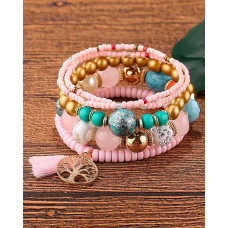 1pc Bohemian Beaded Hollow Out Geometric Tassel Multi-layer Bracelet - pink