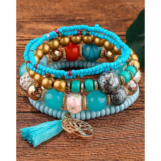 1pc Bohemian Beaded Hollow Out Geometric Tassel Multi-layer Bracelet - turquoise blue