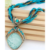 1pc Bohemian Braided Turquoise Geometric Pendant Necklace - blue