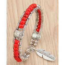 1pc Bohemian Feather Pattern Hollow Out Turquoise Beaded Bracelet - red