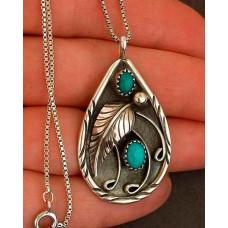 1pc Bohemian Feather Turquoise Waterdrop Pendant Necklace - silver