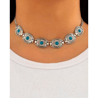 1pc Bohemian Floral Geometric Turquoise Choker - silver